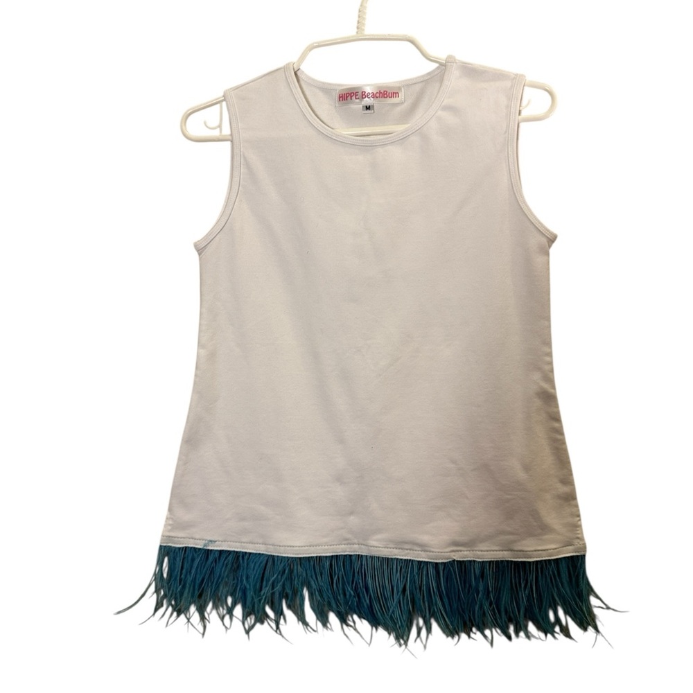 Hippie Beach Bum White Sleeveless Tank with Sassy Blue Feather Trim Sz M